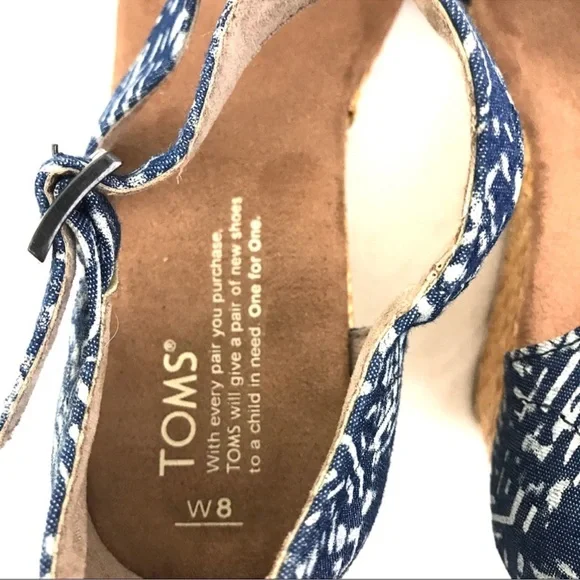 NWOT TOMS Clarissa Ankle Strap Wedge Sandals Shoe Blue Rattan - Picture 6 of 6